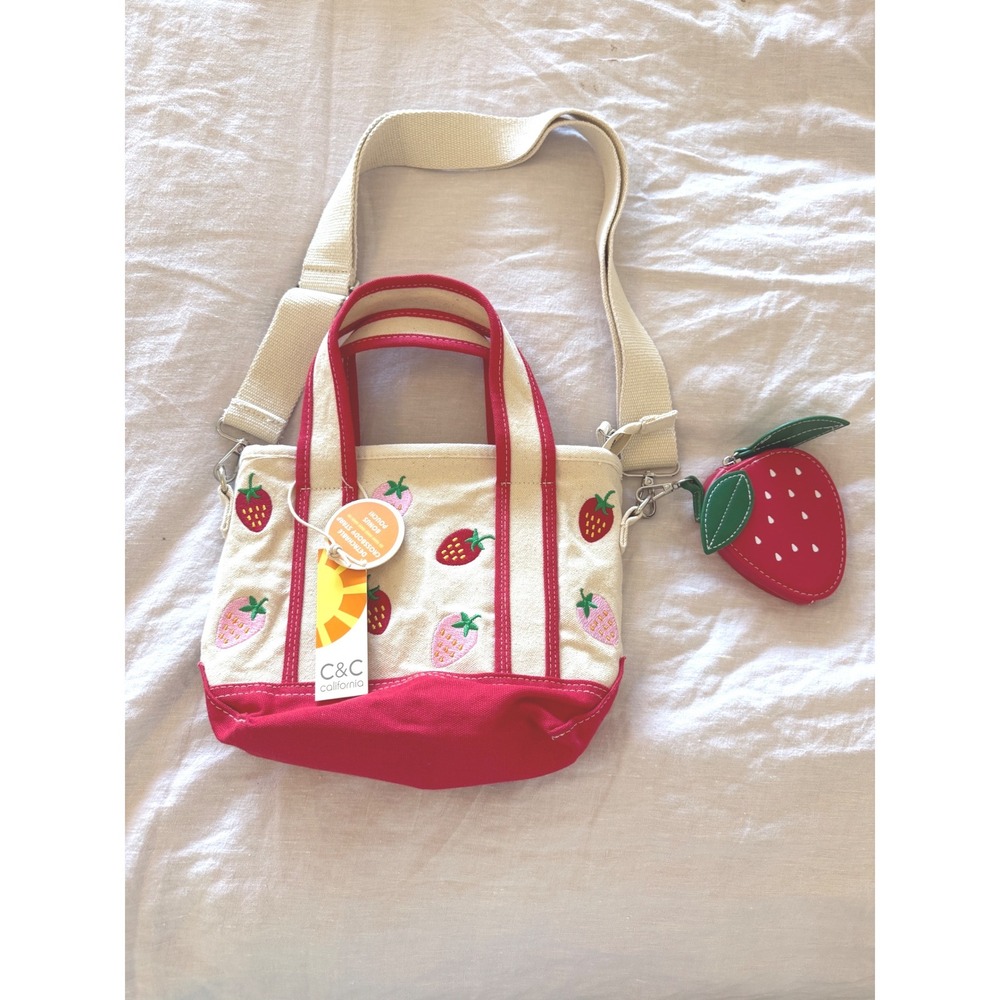 Strawberry Mini Crossbody Tote Bag Embroidered w/ Coin Keys Pouch NWT
